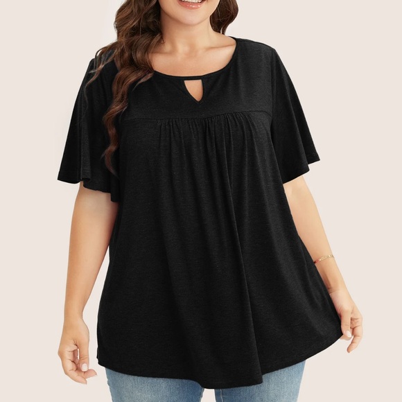 Bloomchic Plain Ruffle Sleeve Keyhole Gathered Crew Neck T-Shirt - Picture 1 of 5